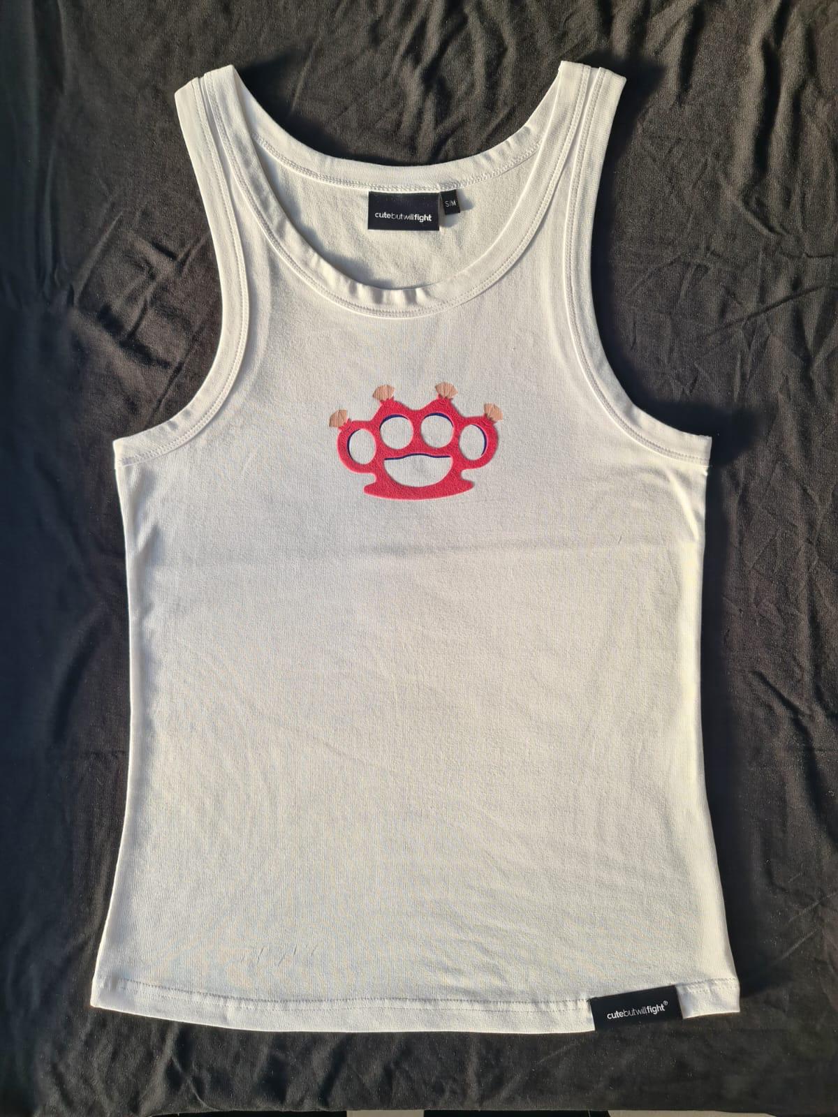 Beauty with Purpose: White Tank Top with Red Brass Knuckles