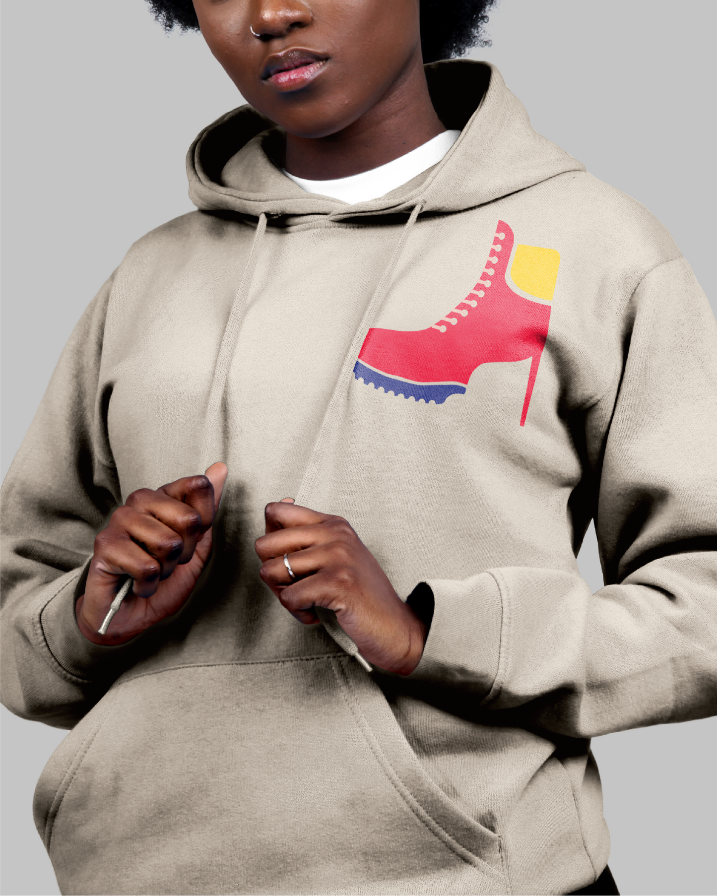 Power In Every Step: Sand Hoodie With Red Boot