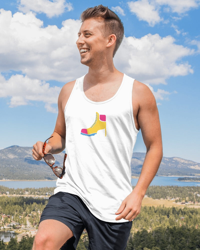 Power In Every Step: White Tank Top With Yellow Boot