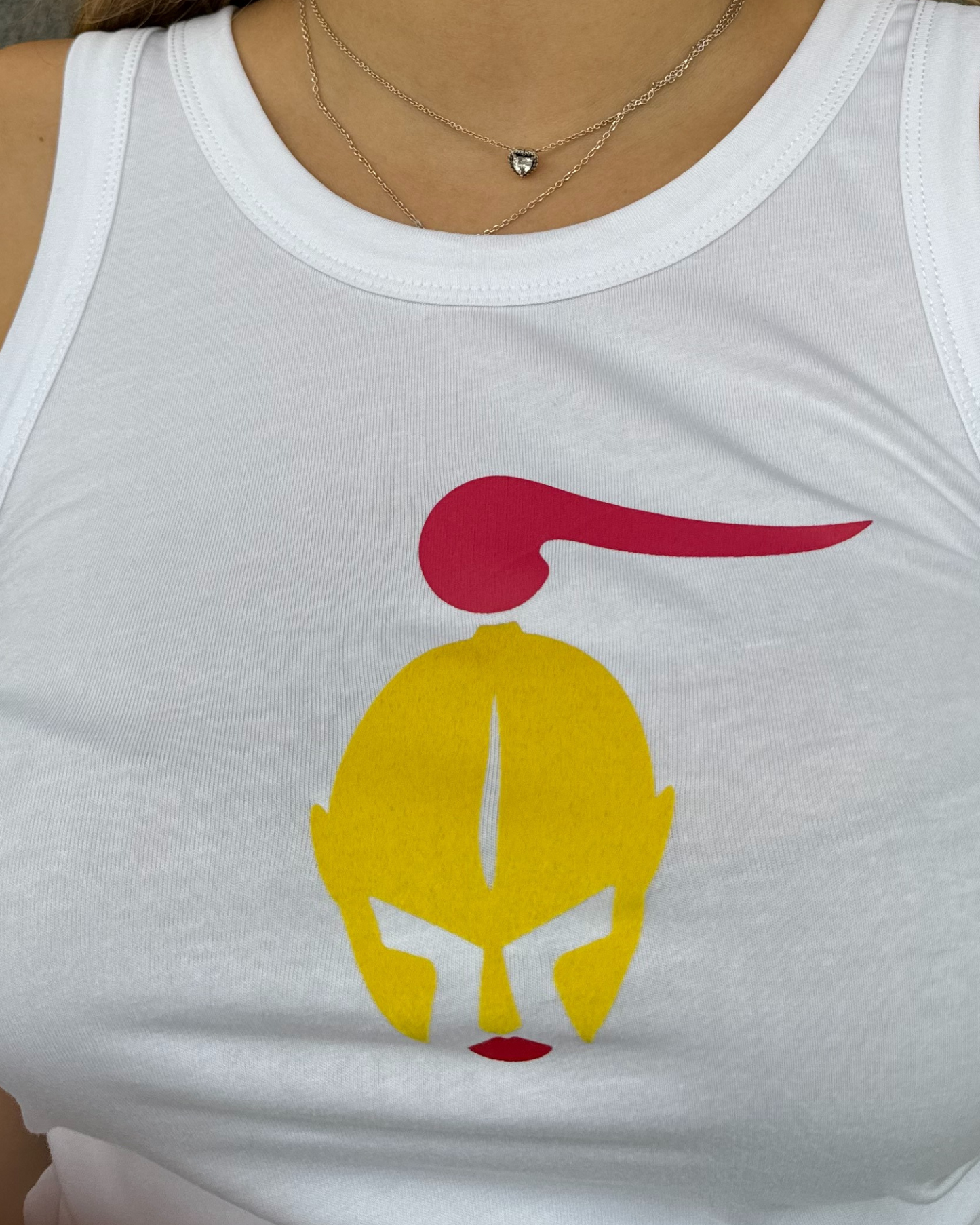 Fierce & Defiant: White Tank Top with Yellow Helmet