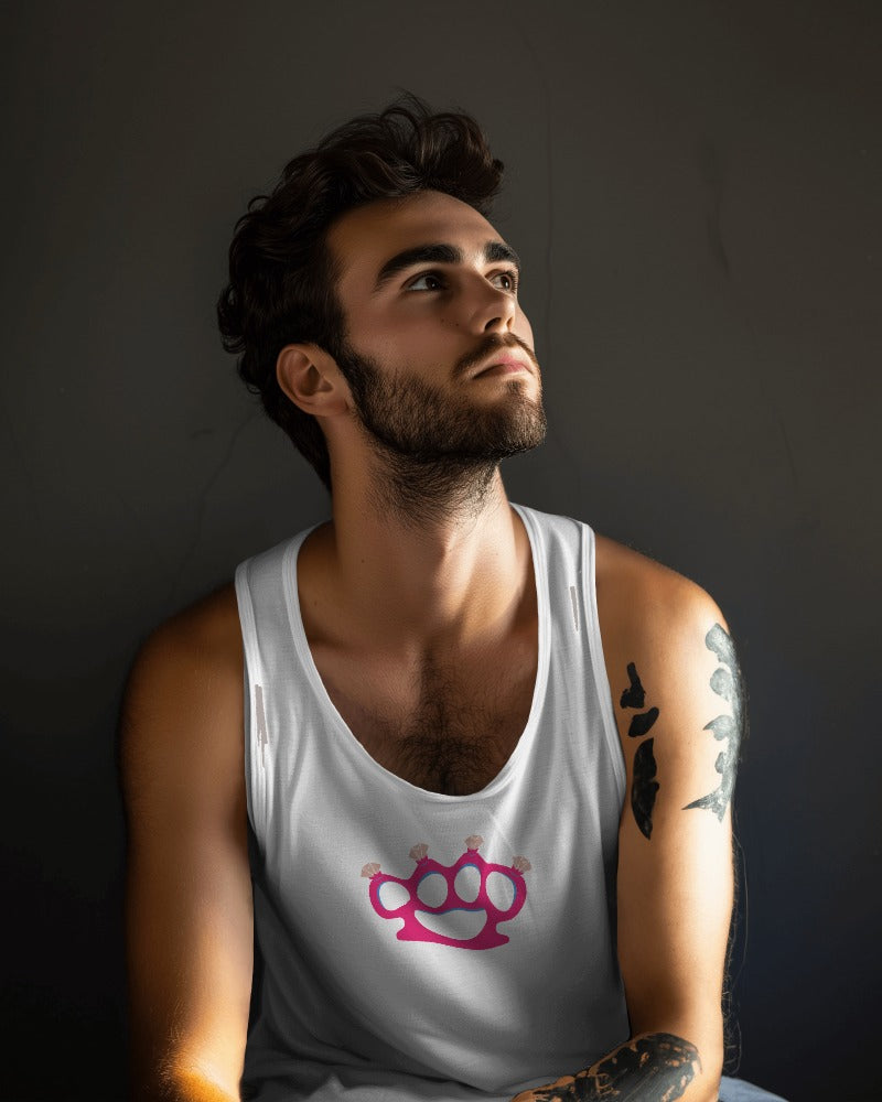 Beauty with Purpose: White Tank Top with Red Brass Knuckles